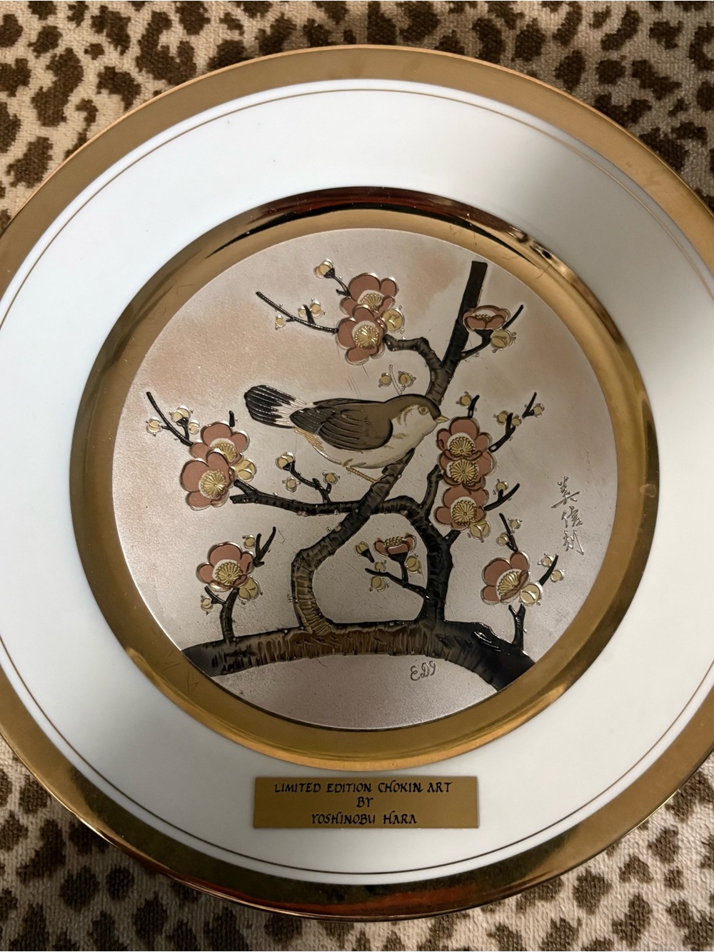 Chokin Art Decorative Plate with Pink Blossoms and Gold Trim